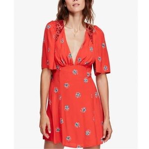 Free People Mockingbird Coral Red Floral Print Backless Mini Dress Size 10‎
